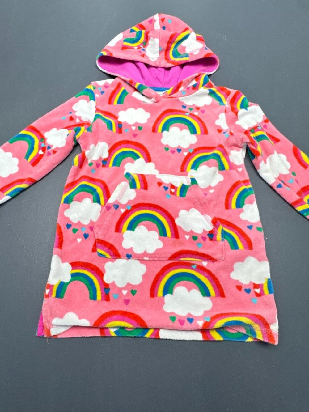 Boden Girls Size 3-4 Year Pink Rainbow Cloud Hooded Terry Cloth Cover Up Dress